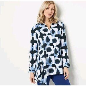 Truth+Style Stretch Poplin Asymmetrical Woven Button Front Blue Combo Medium